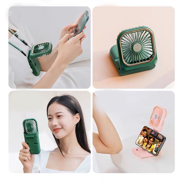 Quạt mini đeo cổ đa năng: có thể để bàn, đỡ điện thoại, kèm sạc dự phòng, thích hợp mang đi du lịch