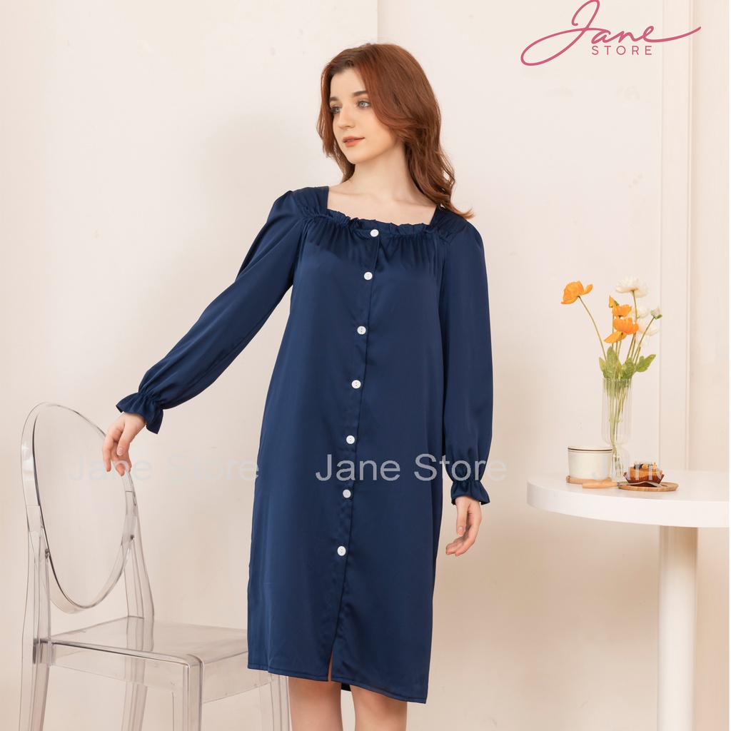 Váy lụa dài tay tiểu thư- Đầm ngủ lụa cổ vuông tay bèo trơn màu đơn giản và sang trọng JANE mã V80.