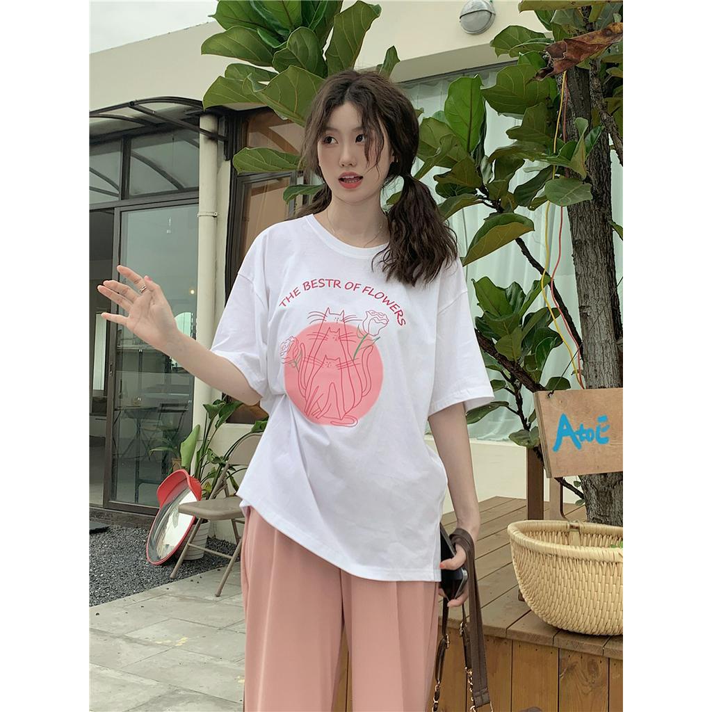 Áo Thun In Hình Mèo Và Hoa Hồng Phong Cách Retro Mỹ 53267