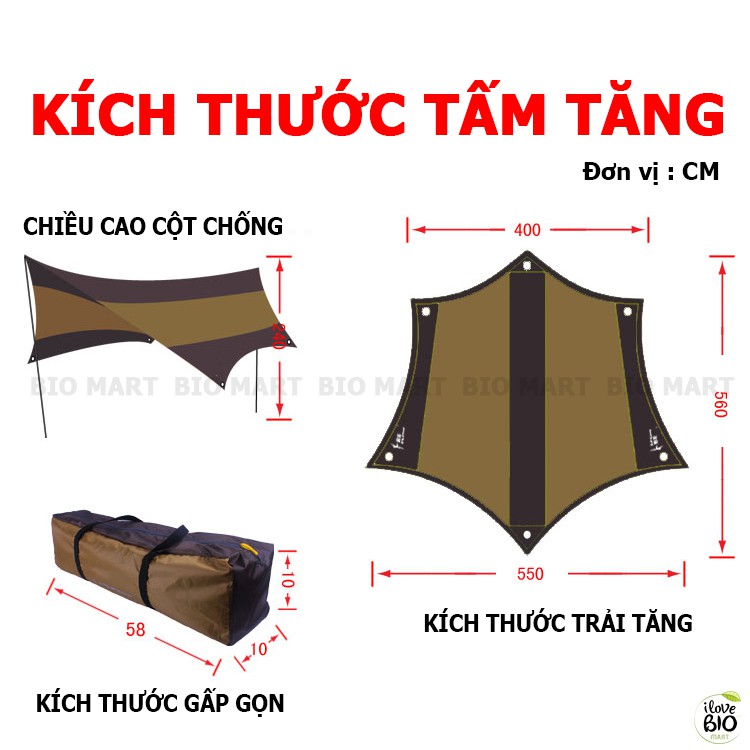 Tấm Tăng Dã Ngoại Lục Giác Chống Thấm, Chống Tia UV - Bộ Tăng Bạt Mái Che Lều Vải Tốt Nhẹ Bền Kèm Thanh Chống - P004A