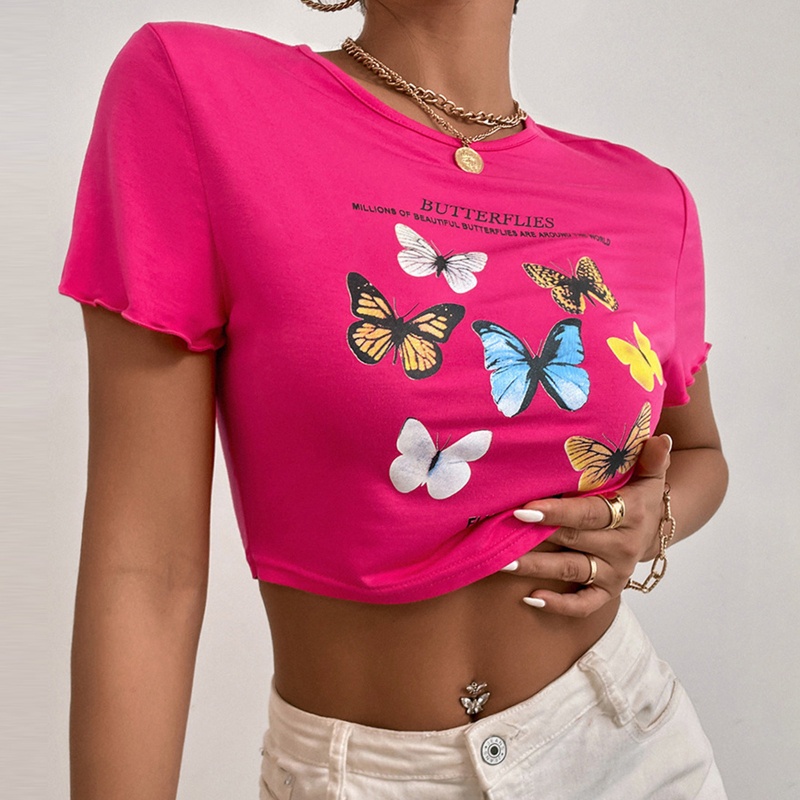Áo Thun Crop Top Tay Ngắn Phối Bèo Họa Tiết Bướm Nhiều Màu Thời Trang Mùa Hè Cho Nữ