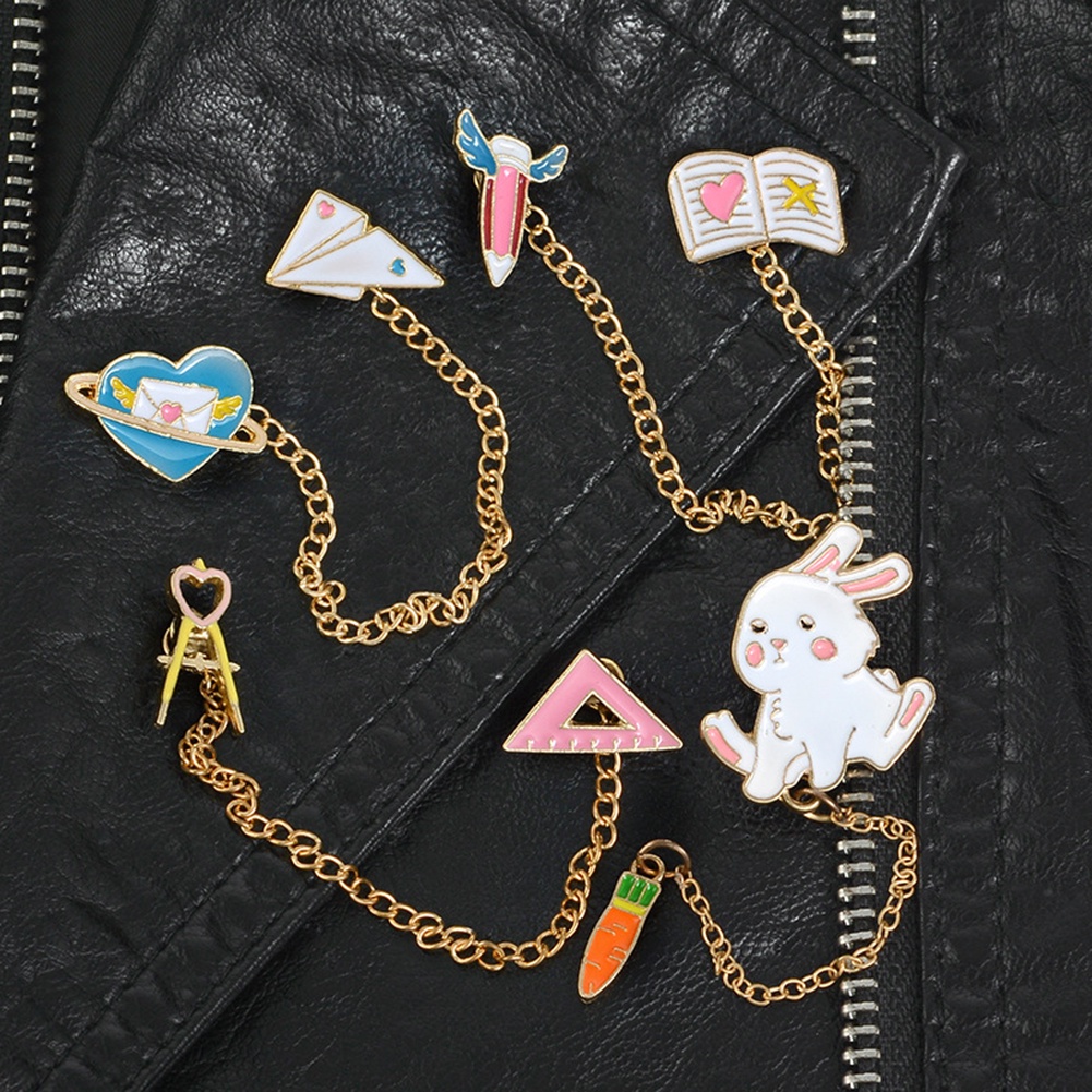 YOML✔Women Cute Rabbit Carrot Heart Book Ruler Denim Jacket Collar Chain Brooch Pin