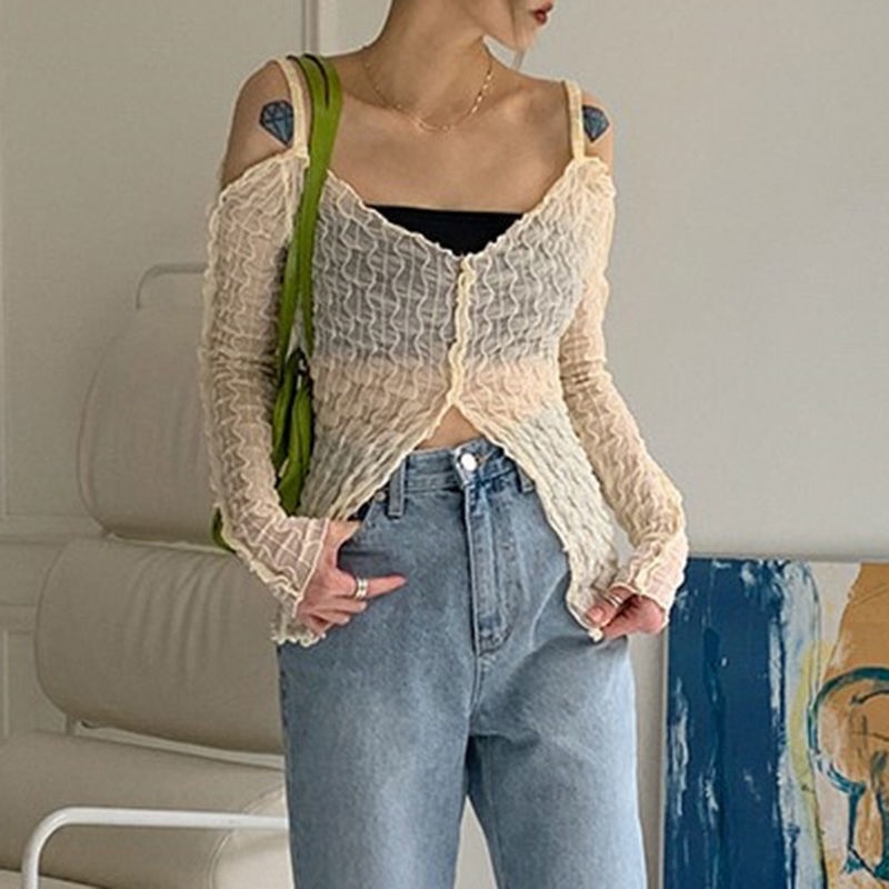 Áo Khoác Lưới Xuyên Thấu Trễ Vai Chống Nắng Dáng Ôm Thời Trang Hàn Quốc Cho Nữ