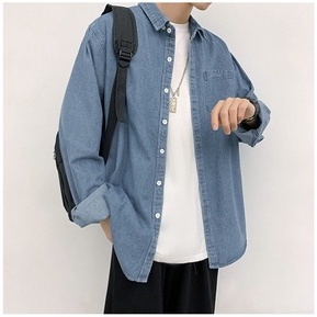 Áo sơ mi jean nam form rộng dài tay màu xanh phong cách Hàn Quốc PON.MENS