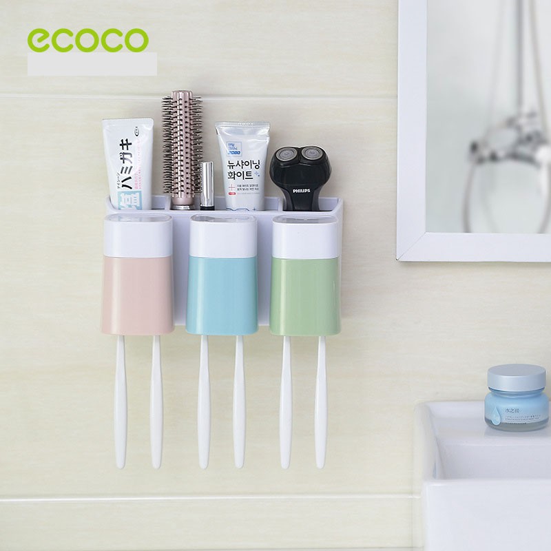 Kệ để đô nhà tắm, Kệ để bàn chải đánh răng,  kèm theo 3 cốc - treo tường không cần khoan đục - Ecoco E1402
