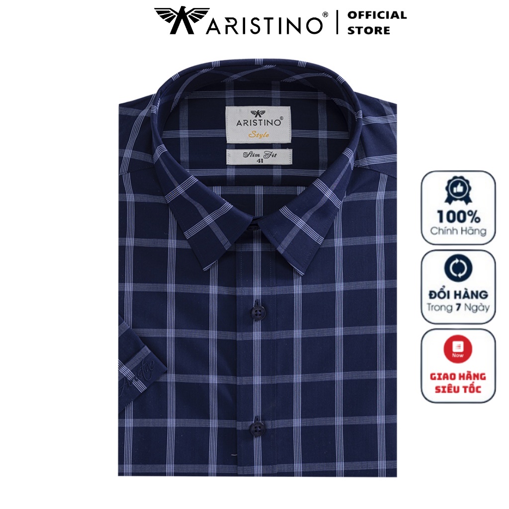 Áo Sơ Mi Nam Ngắn Tay ARISTINO ASS392S2 Somi Công Sở Cao Cấp màu navy kẻ trắng Vải sợi tre Dáng ôm tà lượn không túi