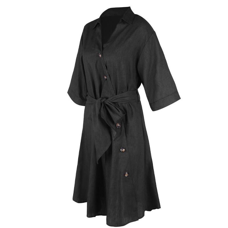 Đầm Sơ Mi Midi Cổ Chữ V Tay Lửng Dáng Rộng Phối Thắt Lưng Thời Trang Dành Cho Nữ