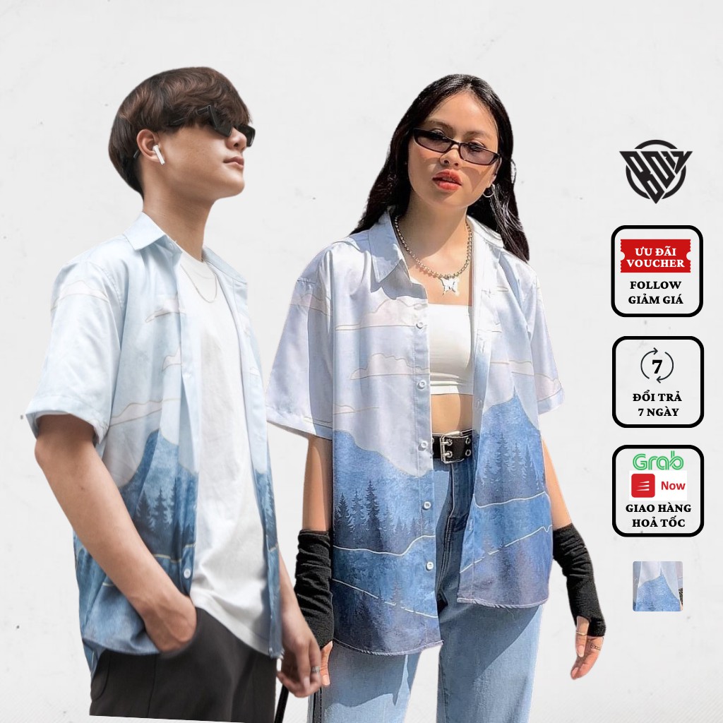 Áo sơ mi tay ngắn họa tiết MOUTAIN BLUE tay lỡ, FORM UNISEX