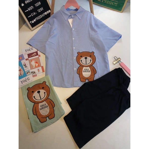 [Chuyên Sỉ] Bộ gấu ngố sơmi chất lụa, hình gấu thêu nổi, chất vải không nhăn quần co dãn, đi làm đi chơi đều xinh.