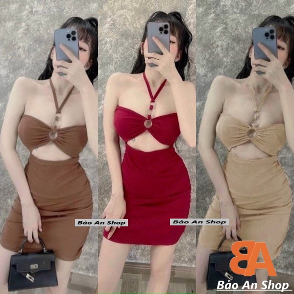 Đầm body 3 khoen from ngắn khoét eo Có Mút chất vải thun xốp mịn