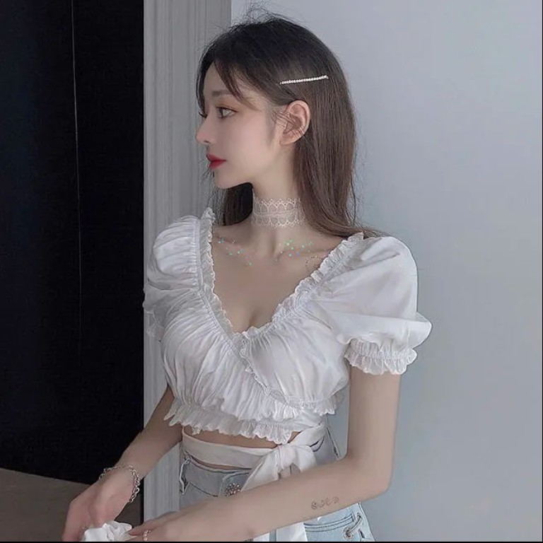 Áo Croptop Ngắn Tay Cổ Chữ V Gợi Cảm Dành Cho Nữ