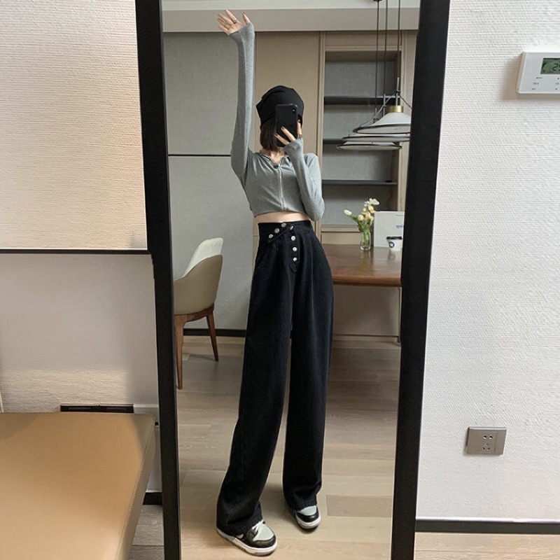 Quần jean ống rộng độ dài 103cm lưng gấp hai màu xám và xanh denim