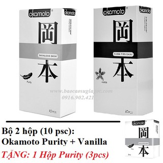 Bộ 2 hộp bao cao su Okamoto Skinless siêu mỏng  Purity và Vanilla 10pcs tặng 1 hộp Okamoto Purity 3pcs