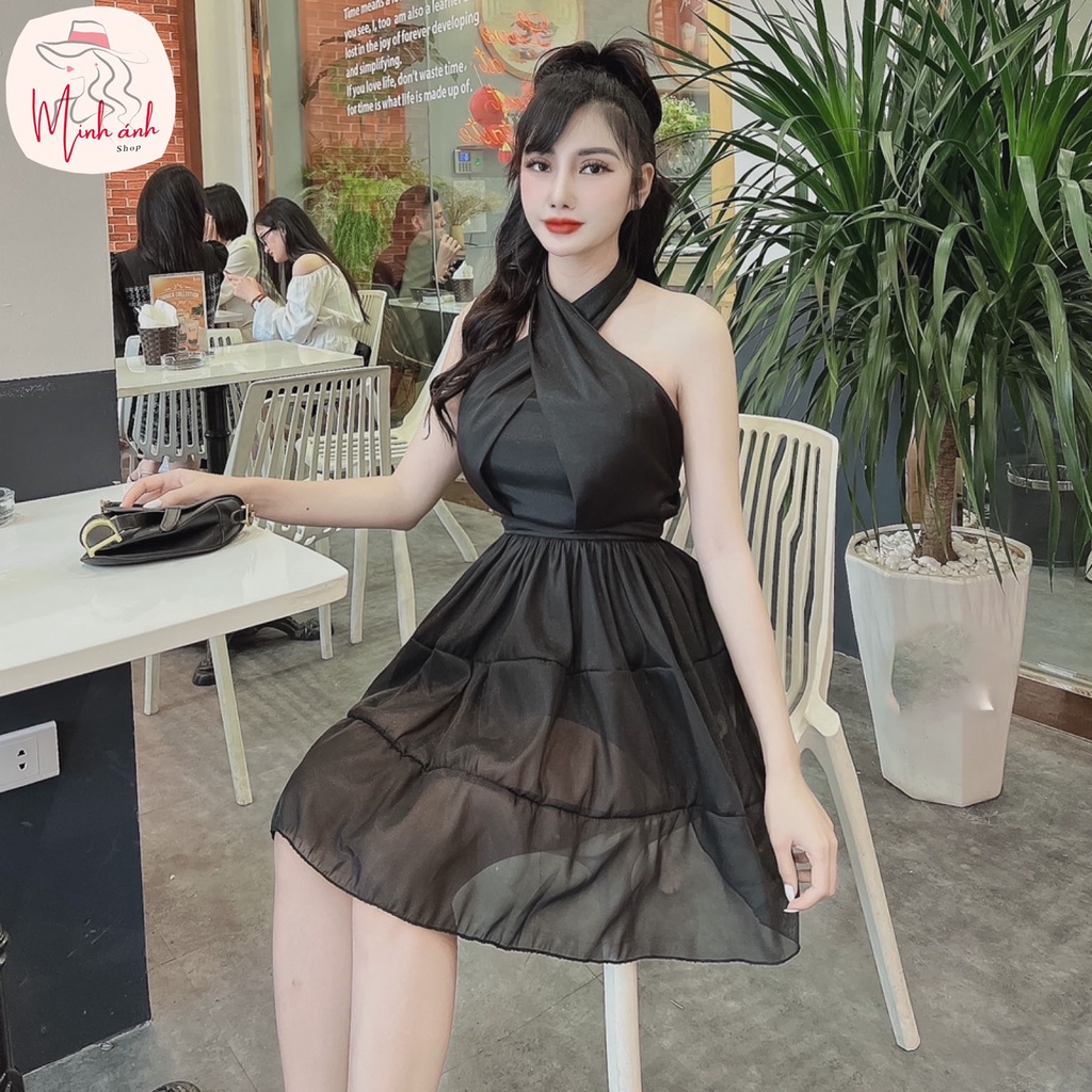 váy tiểu thư dáng xòe hở vai phối cổ chéo siêu tôn dáng