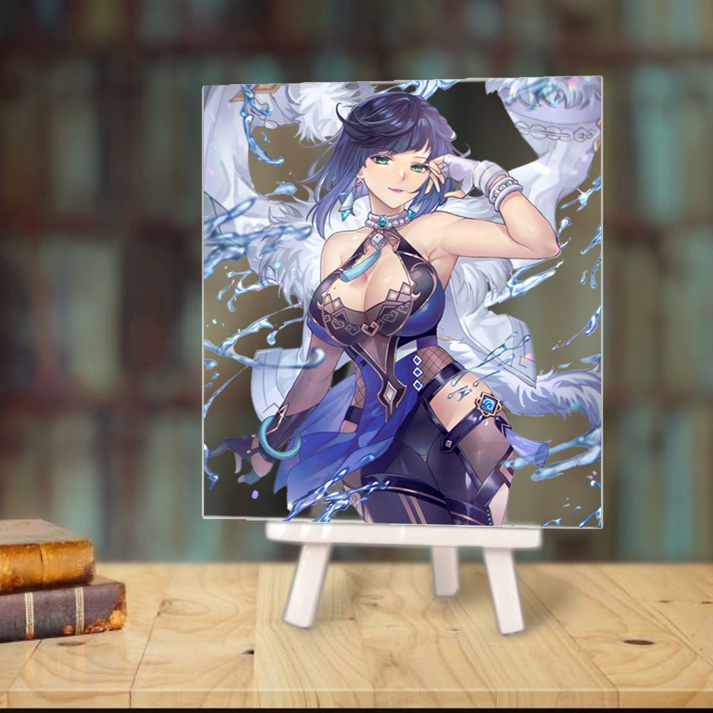 Tranh kính game GENSHIN IMPACT anime chibi acrylic mica trong trưng bày trang trí giá gỗ