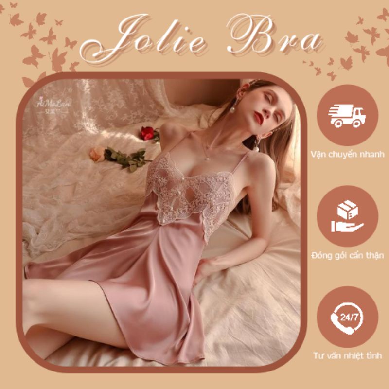 Đầm ngủ váy ngủ lụa Jolie dáng xoè ren ngực hở lưng dây chéo có kèm chip hàng loại 1 cao cấp có video shop tự quay