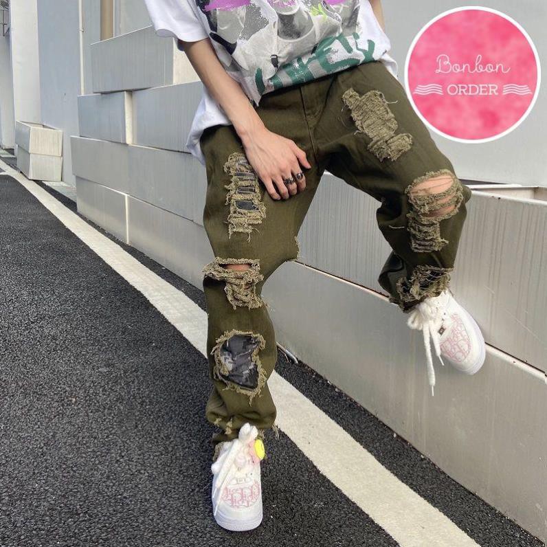 QUẦN JEAN ULZZANG ỐNG RỘNG RÁCH GỐI HIPHOP -