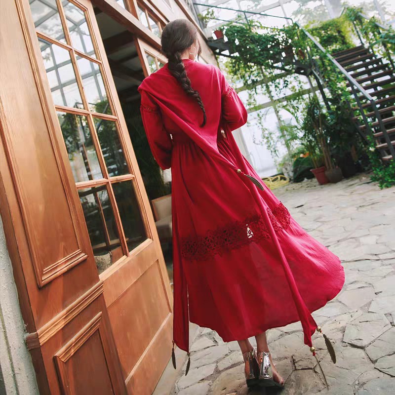 Đầm boho du lịch đỏ dáng dài có khăn mũ xẻ đùi - DBH1002 Đầm Bohemian Vintage Quảng Châu (Đỏ) | BigBuy360 - bigbuy360.vn