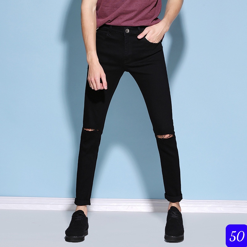 Quần jean nam đe đậm trơn rách gối chất bò cao cấp co dãn 4 chiều , quần rin nam from chuẩn cực đẹp xuong02