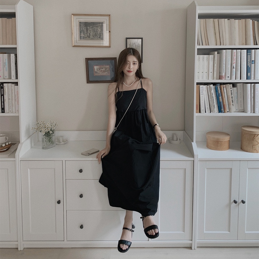 SUXI Korean Style All-match Slim Fit Solid Color Sleeveless Sweet Suspender Dress