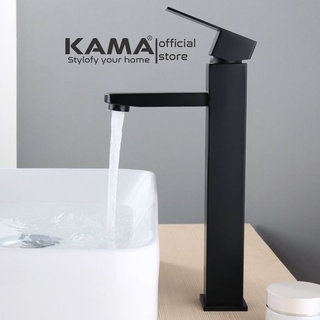 Vòi lavabo vuông cao mạ đen KAMA VC16, nóng lạnh inox 304, tặng kèm dây cấp nước nóng lạnh - HÀNG CHÍNH HÃNG.