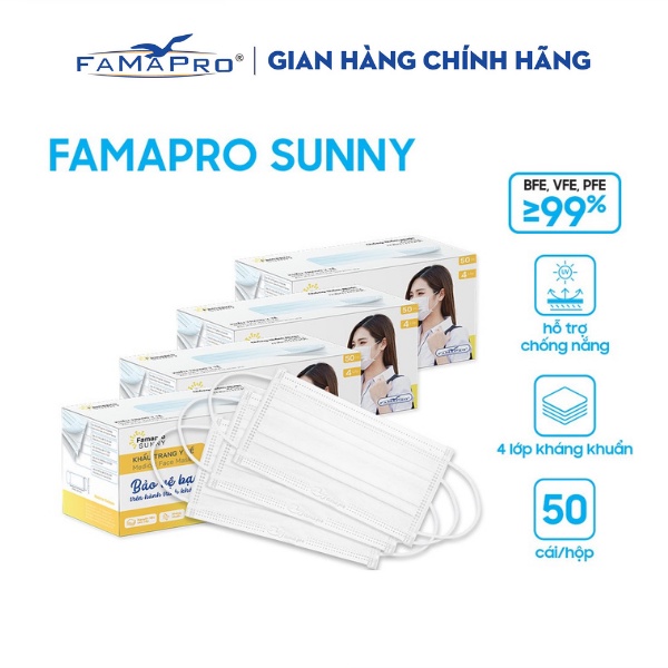 [SUNNY- COMBO 4- HỘP 50 CÁI] Khẩu trang y tế kháng khuẩn 4 lớp Famapro Sunny (50 cái/ hộp)