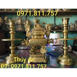 Bộ lư đồng vuông 35cm khắc 2D và bát hương