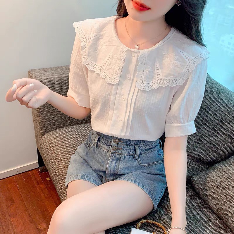 ( Có Ảnh Thật) Sơ Mi Quảng Châu Cổ Bèo Rộng Phong Cách Hàn Quốc Chất Đũi Xước Đẹp Hai Màu Trắng Xanh Giá Siêu Ưu Đãi