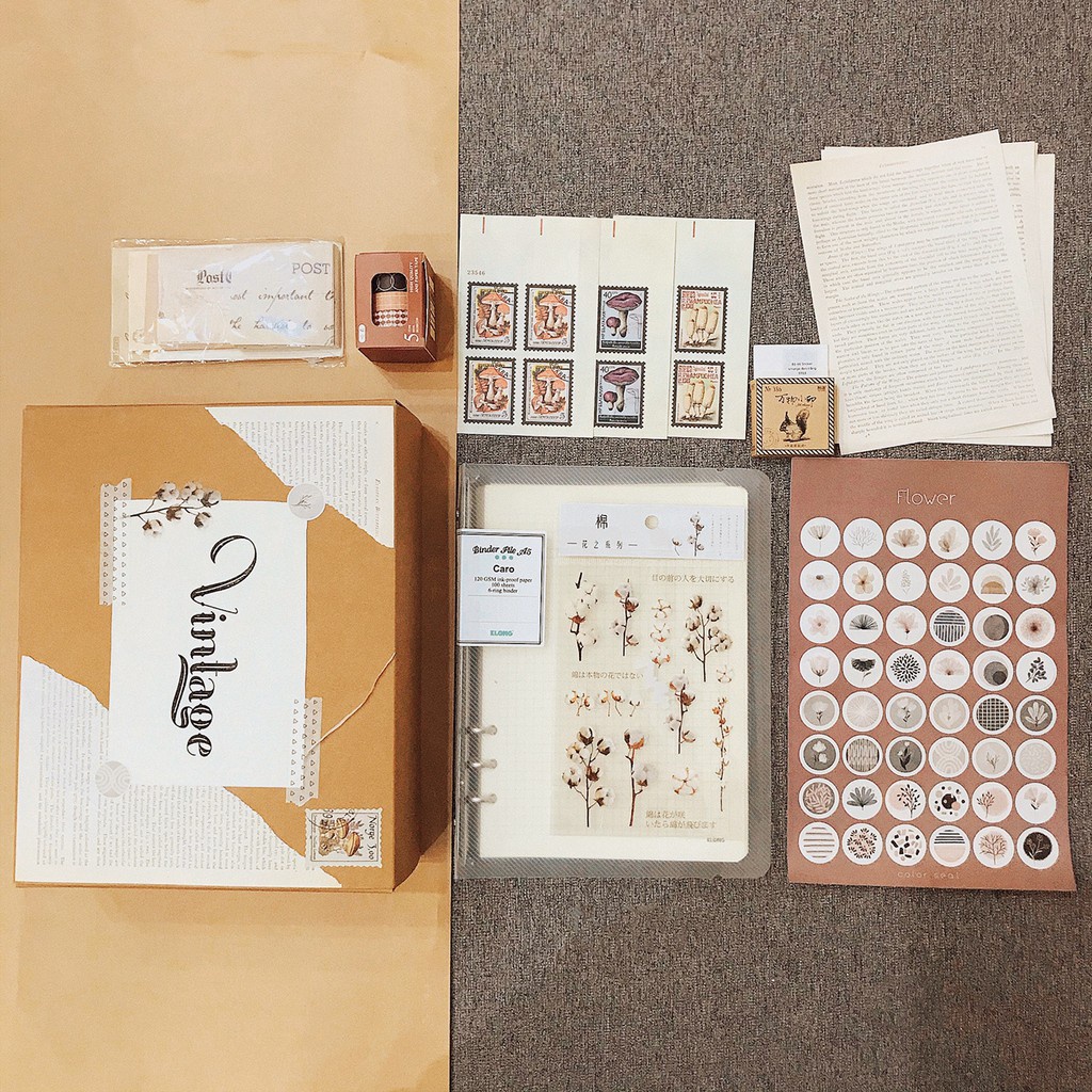 Bộ phụ kiện làm sổ Bullet Journal Vintage - set quà tặng Binder sổ còng Klong, sticker, washi tape, hộp kraft