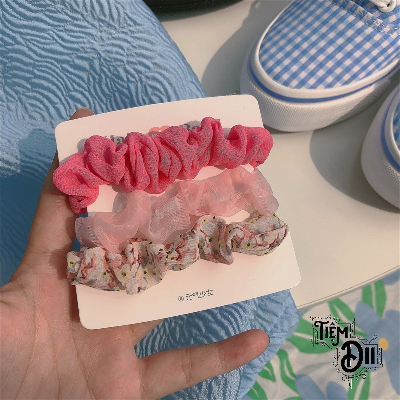 Set 3 Scrunchies Mini Chun Buộc Tóc Vải Chun Cột Tóc VinTage Dễ Thương Quà Tặng Cho Cô Nàng Bánh Bèo