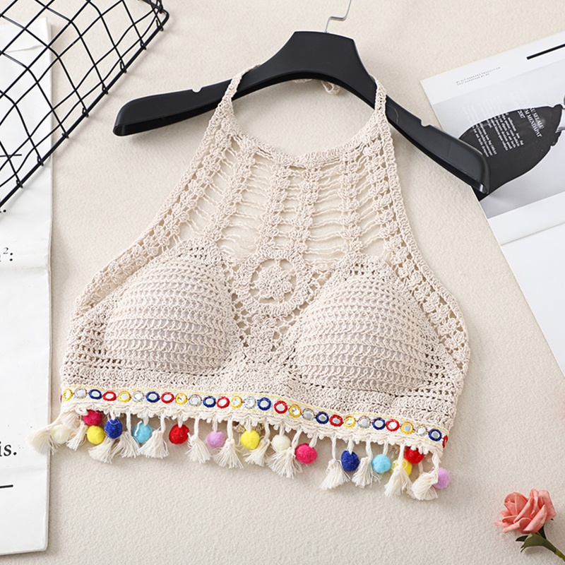 Brroa Áo Ngực Dạng Dây Tua Rua Viền Quả Cầu Vồng Họa Tiết Vòng Tròn Đan Móc Rỗng Boho Cho Nữ Sw