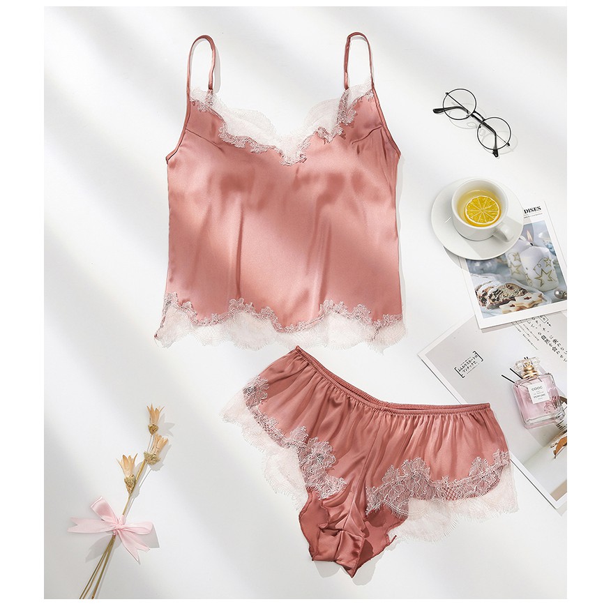 Bộ đồ ngủ lụa viền ren gợi cảm, bộ đồ ngủ hau dây phối ren sexy TK2216
