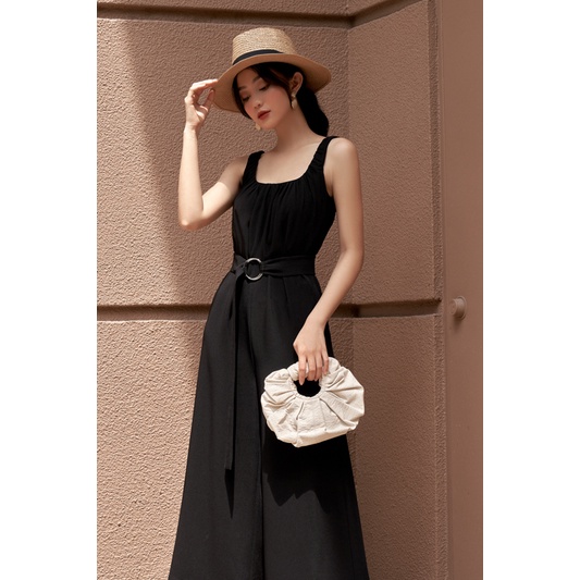EVERLUXE - Jumpsuit 2 dây nhíu thắt dây - Đen