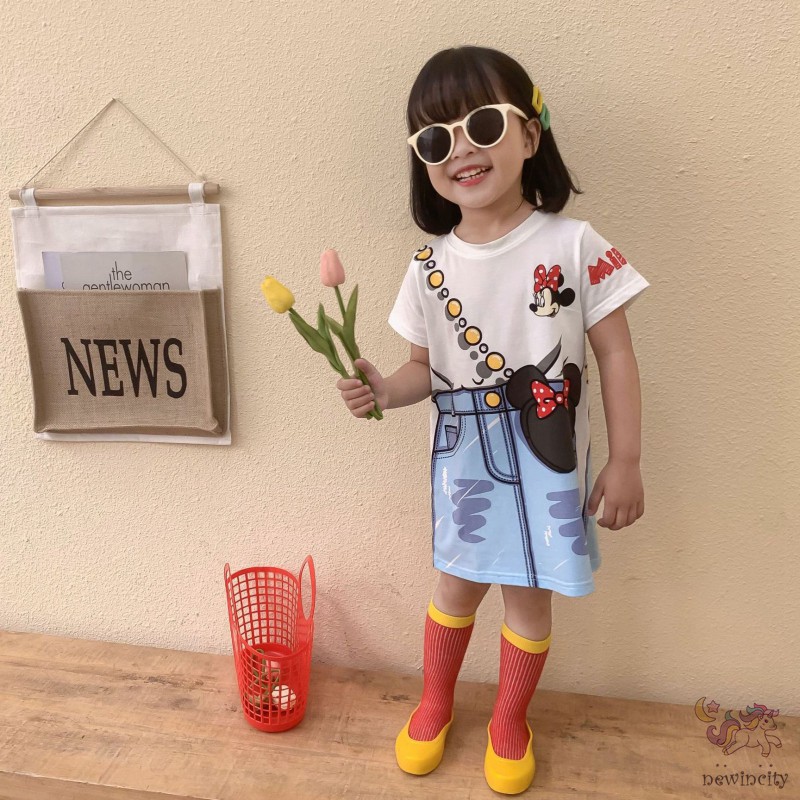 Đầm Tay Ngắn In Hoạ Tiết Hoạt Hình Cho Bé Gái