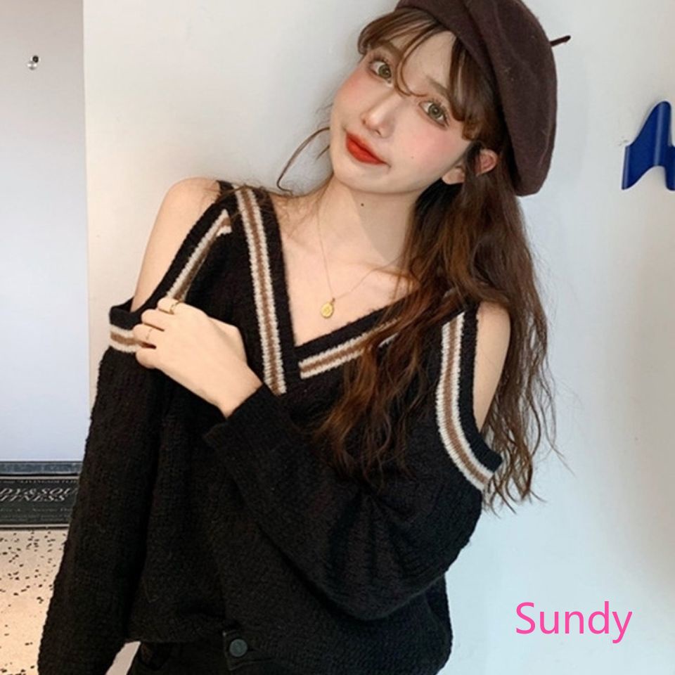 Áo sweater dệt kim dáng rộng cổ chữ V hở vai thời trang mùa thu dành cho nữ