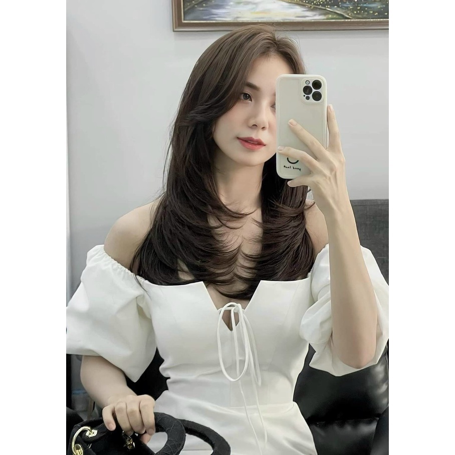 Váy trễ vai tay ngắn phối dây nơ váy xòe có kèm mút thời trang nữ mùa hè