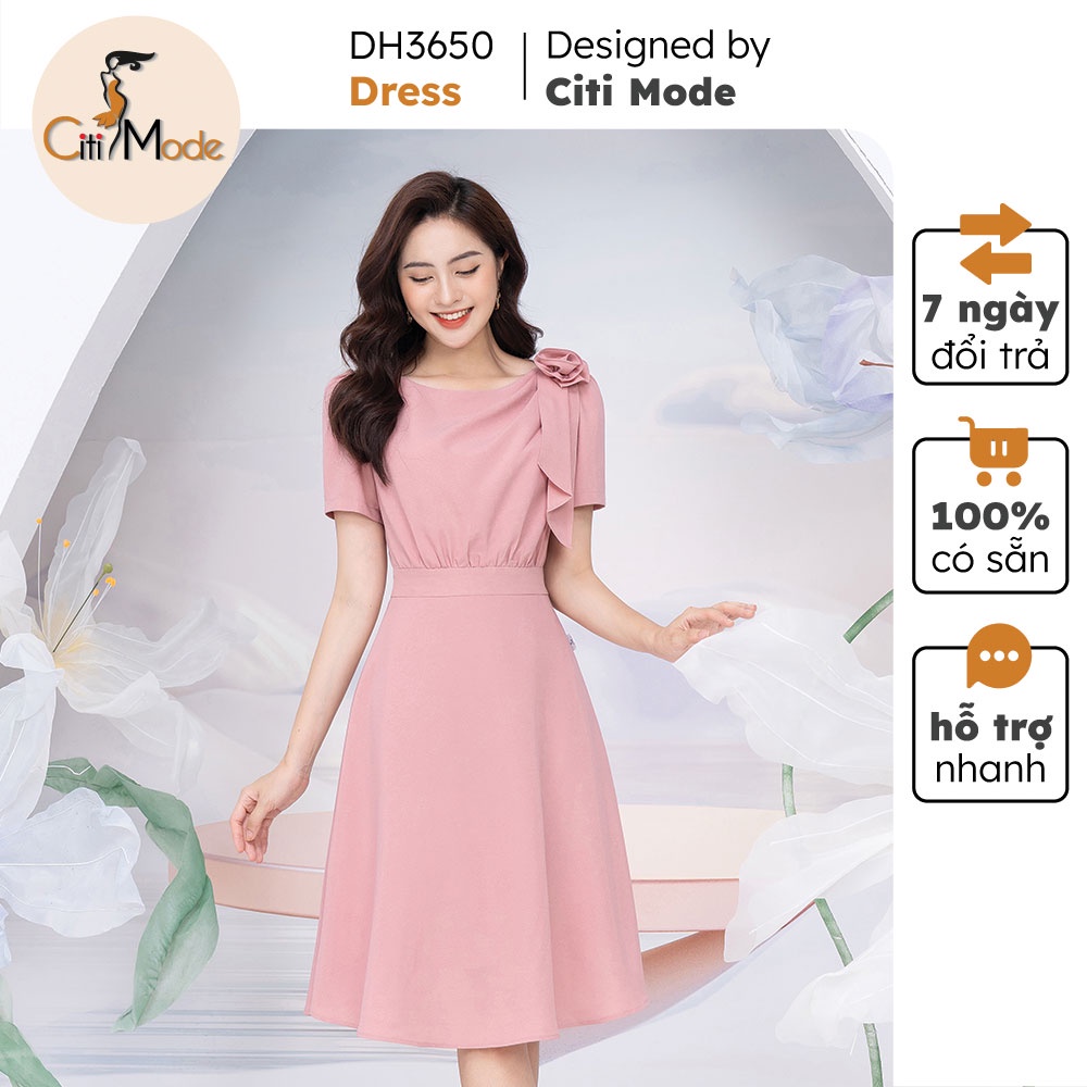 Đầm nữ thiết kế CITI MODE dáng xoè hồng phối hoa vai cao cấp DH3650