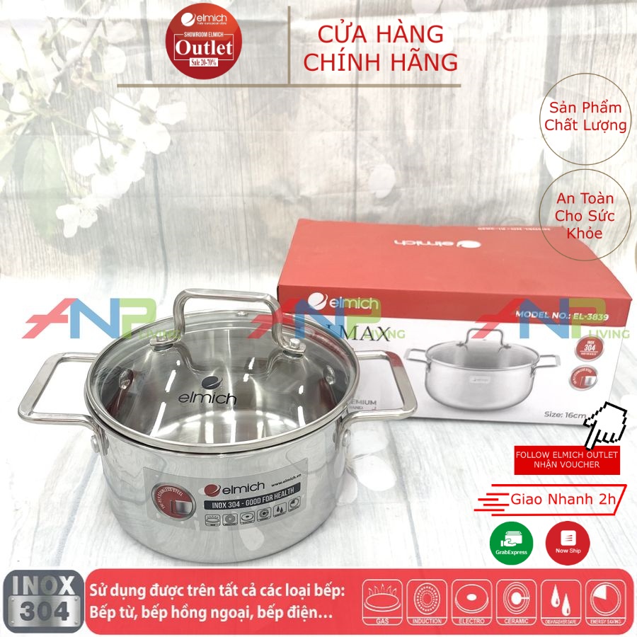 Nồi Nấu Inox 304 3 lớp Đáy Từ ELMICH Tri-Max XR  3839 Size 16cm