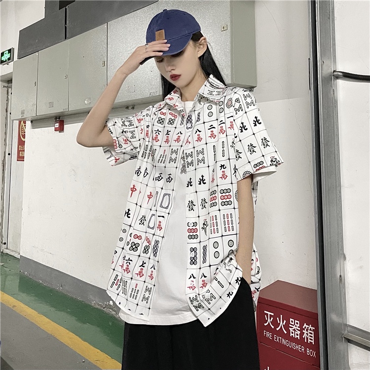Áo Sơ Mi Tay Ngắn Dáng Rộng In Họa Tiết Mạt Chược Kiểu Trung Hoa Thời Trang Mùa Hè 2022 Cho Các Cặp Đôi