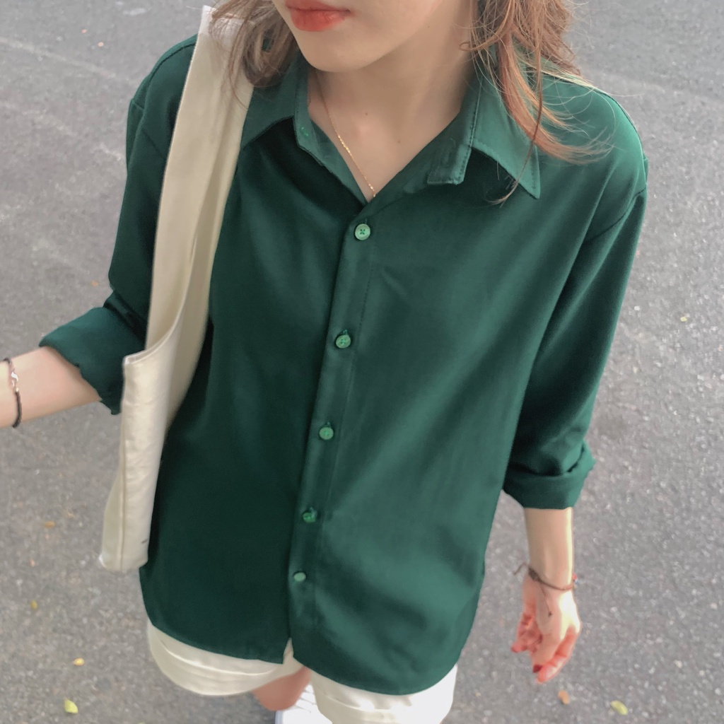 Áo Sơ Mi Tay Dài Xanh Lá Form Rộng Nam Nữ Unisex