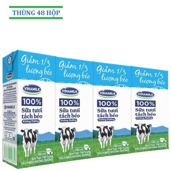 Sữa tươi Vinamilk Tách Béo 180ml không đường - Thùng 48 hộp