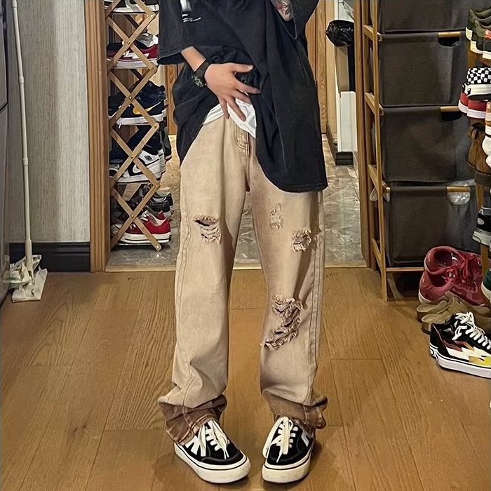 Quần Jean Nam Dài Dáng Rộng Co Giãn Tốt Phối Rách Kiểu Vintage Thời Trang Cho Nam Và Nữ Quần jean hang động retro Quần denim thẳng bình thường