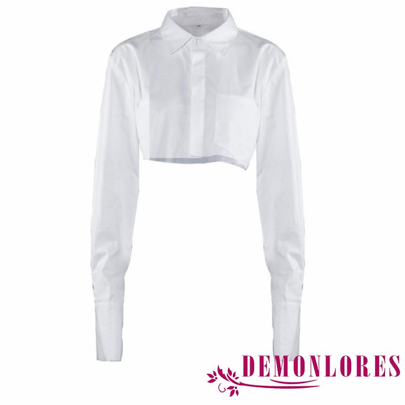 Áo sơ mi croptop hở rốn cổ bẻ thiết kế bất đối xứng màu trơn thời trang mùa xuân dành cho nữ