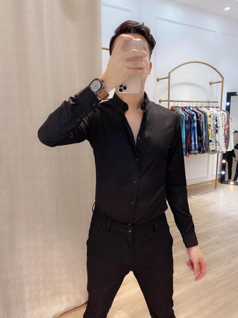 Sơ mi Nam Hàn cổ bẻ trắng ,đen - cổ tàu trắng ,đen hàng vải lụa cao cấp ôm dáng thời trang trẻ | BigBuy360 - bigbuy360.vn