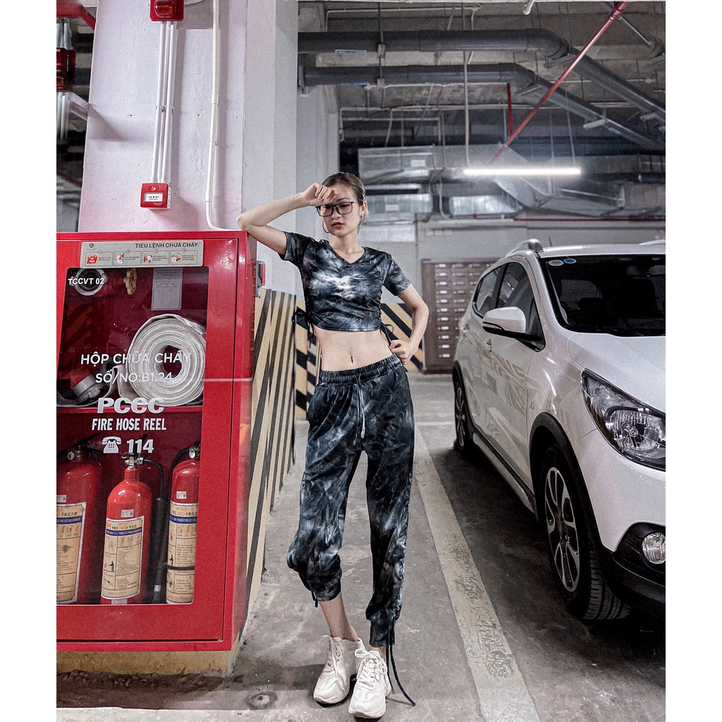 Đồ tập nhảy Zumba - Đồ tập Yoga - Set Loang dây rút áo Croptop quần Jogger