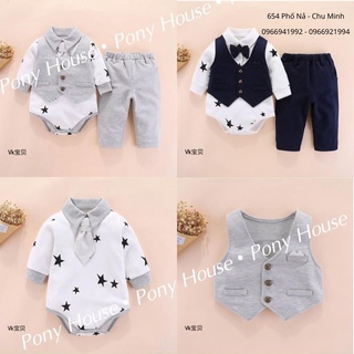 Set bộ công tử quần + vest + body chip 3 chi tiết kèm nơ chất cotton mềm, mịn, dày dặn dành cho bé trai 3-24m