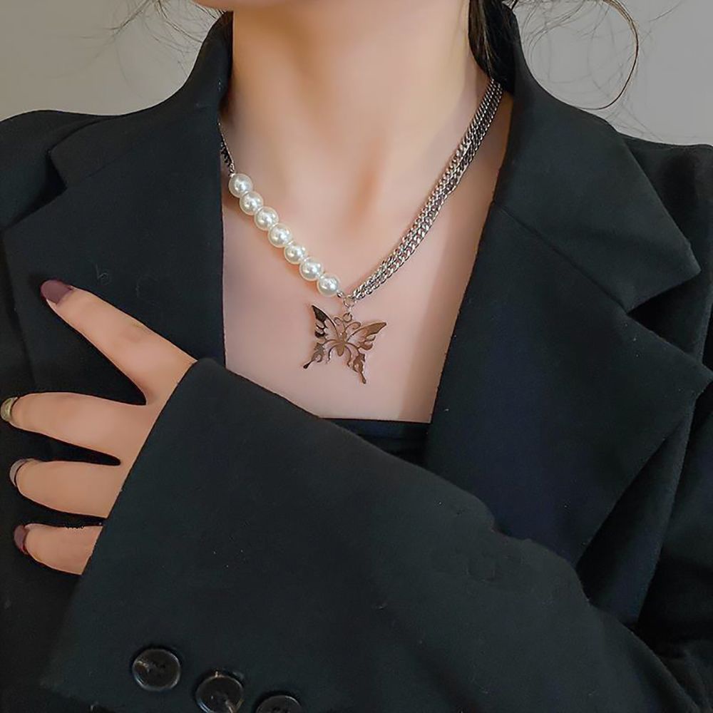 Vòng cổ choker bằng hợp kim mặt hình cánh bướm đính ngọc trai phong cách punk hip hop Hàn Quốc tinh tế cho nữ