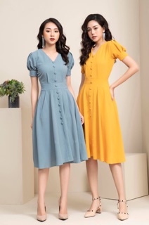 Đầm Cổ V Tay phồng nút bọc xt