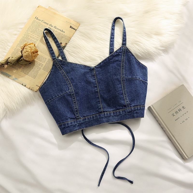 Áo Hai Dây Denim Dáng Ngắn Thời Trang Mùa Hè Cho Nữ