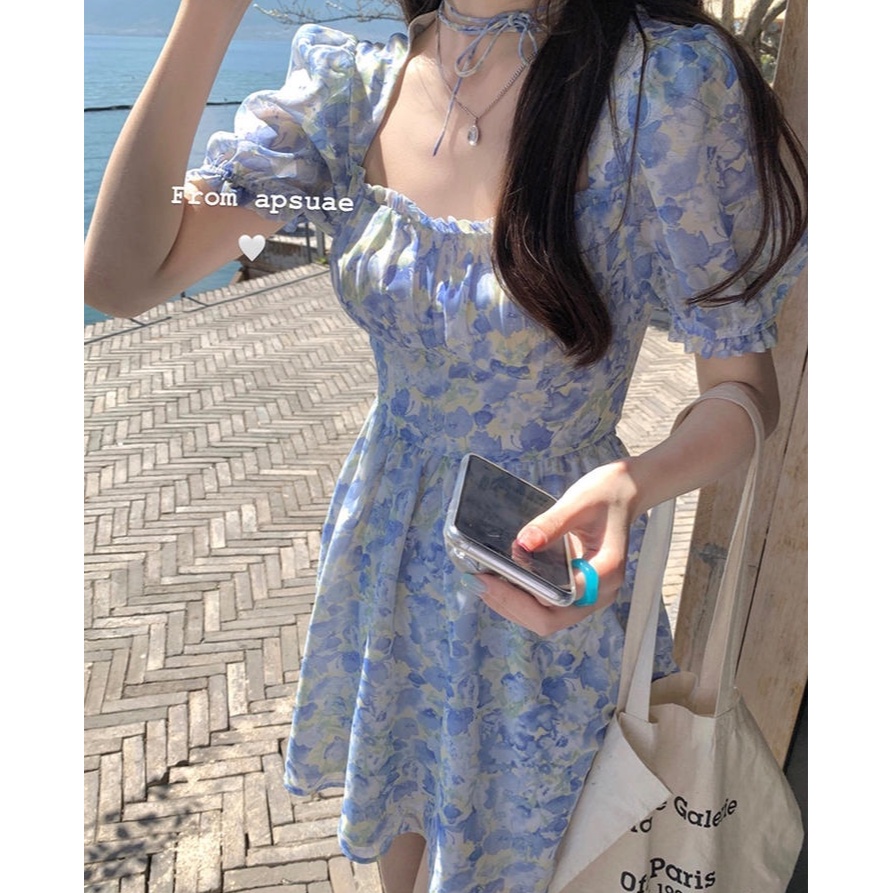 Đầm Chữ A Tay Ngắn Họa Tiết Hoa Xanh Dương 50312